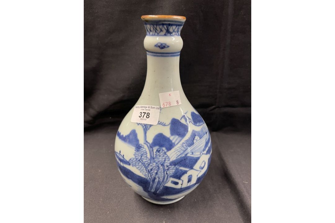 18th cent. Garlic head moulded guglet vase with building and landscape decoration. 9½ins. - Image 1 of 6