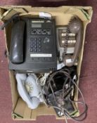 Telecommunications: GPO pay phone, light grey dial phone, early 1960s office push button phone and