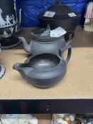 Ceramics: Early 19th cent. Black basalt teapot, jug and lidded bowl by Turner, the teapot and jug