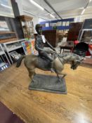 19th/20th cent. Bronze equestrian statue with jockey up, on cast plinth. Height 18ins.