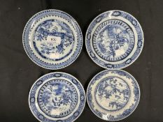 Chinese 19th cent. Four small dishes, a pair with figure and temple decoration, one Willow pattern