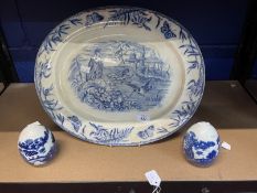 19th cent. English Ceramics: Blue/white meat oval the design depicting bird prey and other birds