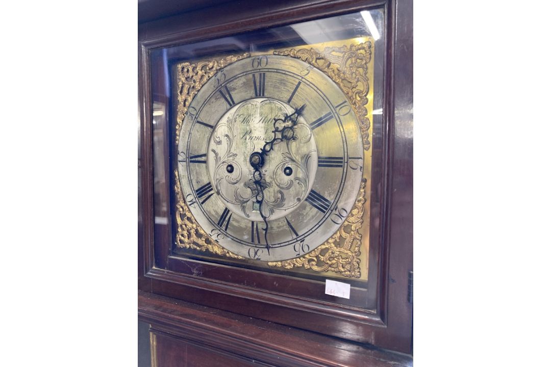 Clocks: Mid 18th cent. Longcase Thomas Hall Romsey Hampshire, brass silvered dial 10ins face, - Image 2 of 2