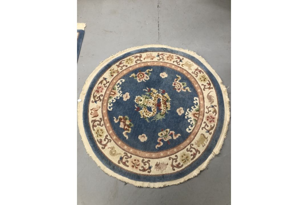 Carpets & Rugs: Chinese hand washed circular rug, blue ground with a central panel depicting - Image 1 of 5