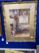 Harold Pollitt: 1896 watercolour, cottage interior lady taking tea in kitchen, signed and dated