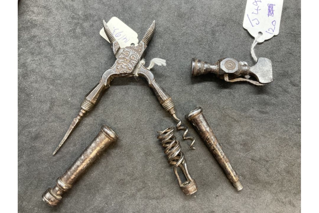Corkscrews/Wine Collectibles: Steel tool screw. Early 17th cent. European multiple uses, ornate - Image 4 of 6
