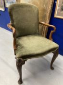 Early 20th cent. Queen Anne style elbow chair shepherd's crook open arms on cabriole legs, carved