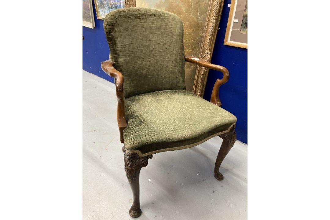 Early 20th cent. Queen Anne style elbow chair shepherd's crook open arms on cabriole legs, carved - Image 1 of 3