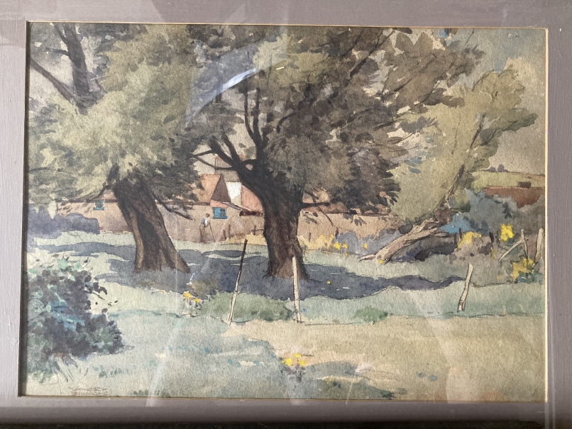 Kenneth Brookes: Watercolour, trees, buildings and a woman, signed lower left, framed and glazed. - Image 3 of 4