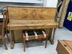 Art Deco walnut iron framed, maker W H Barnes piano and later stool.