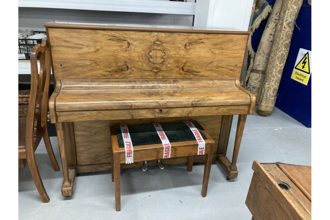 Art Deco walnut iron framed, maker W H Barnes piano and later stool. - Image 1 of 2