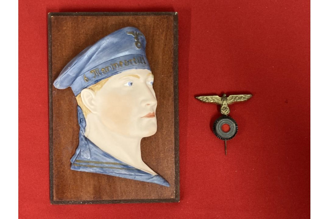 Militaria: Unusual ceramic Kriegsmarine plaque depicting a sailor mounted on board. 6½ins. Plus a - Image 1 of 2