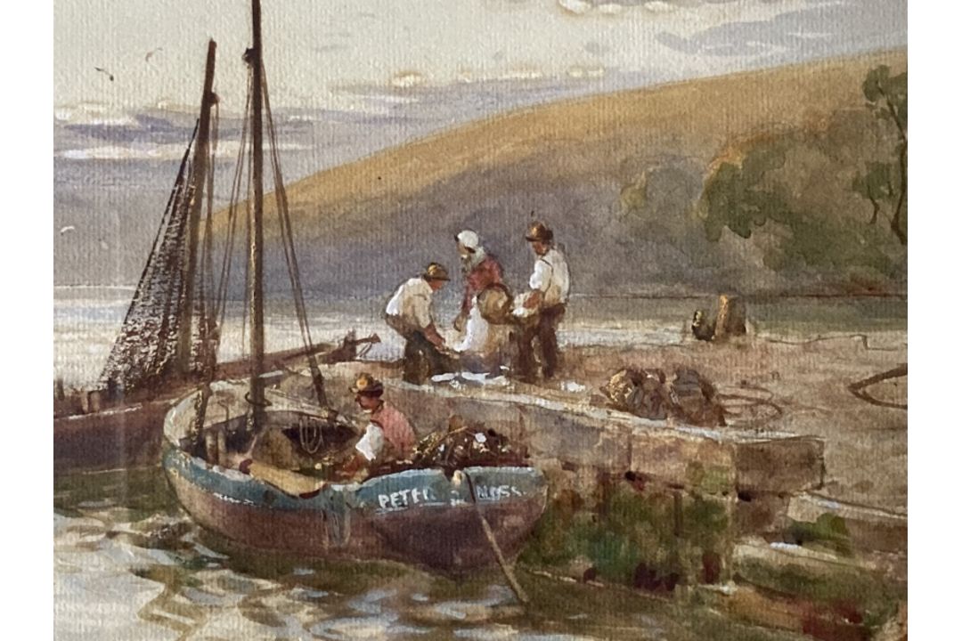 Walter Stuart Lloyd (1845-1959): Watercolour on paper, river landscape with figures and boats, - Image 2 of 4