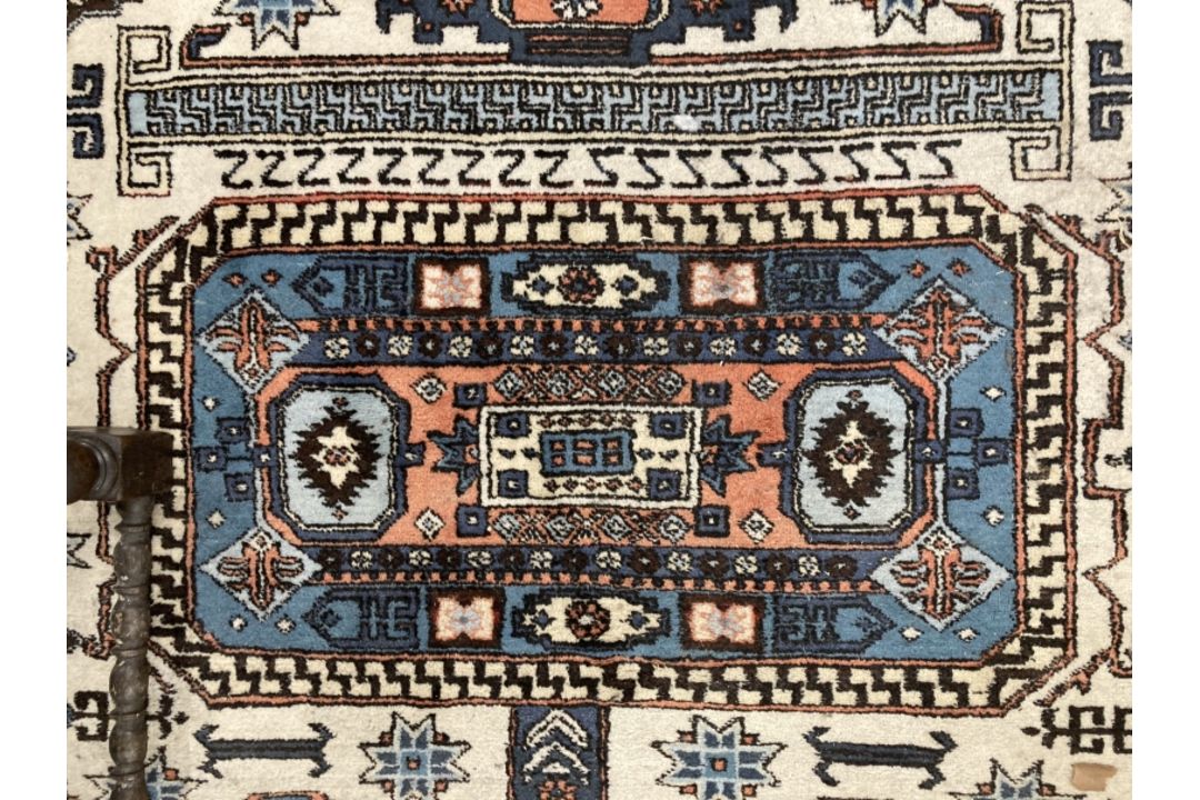 Carpets & Rugs: 19th cent. Caucasian carpet possibly Kazak. Ivory ground with three rectangular - Image 2 of 3