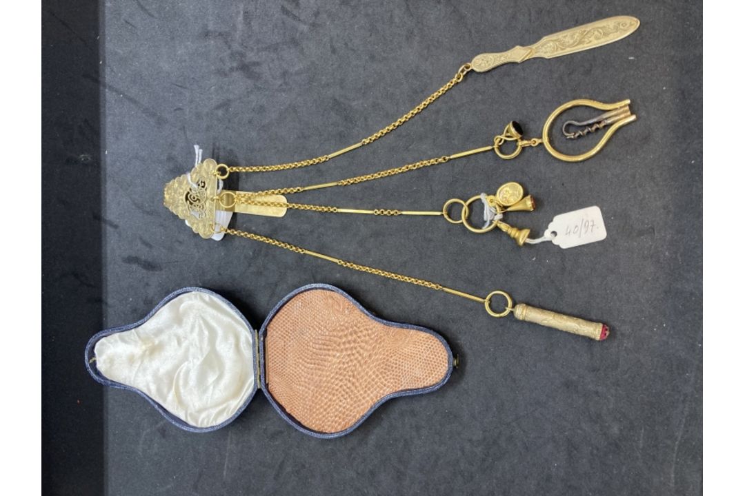 Corkscrews/Wine Collectibles: Silver, gilt and gold Chatelaine, the gold section tests 18ct. gold - Image 1 of 9