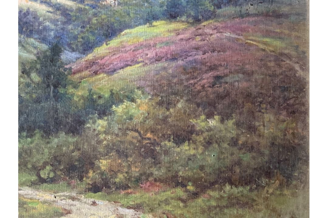Alfred De Breanski (1877-1957): Oil on canvas landscape study figure walking down a hill with - Image 3 of 4