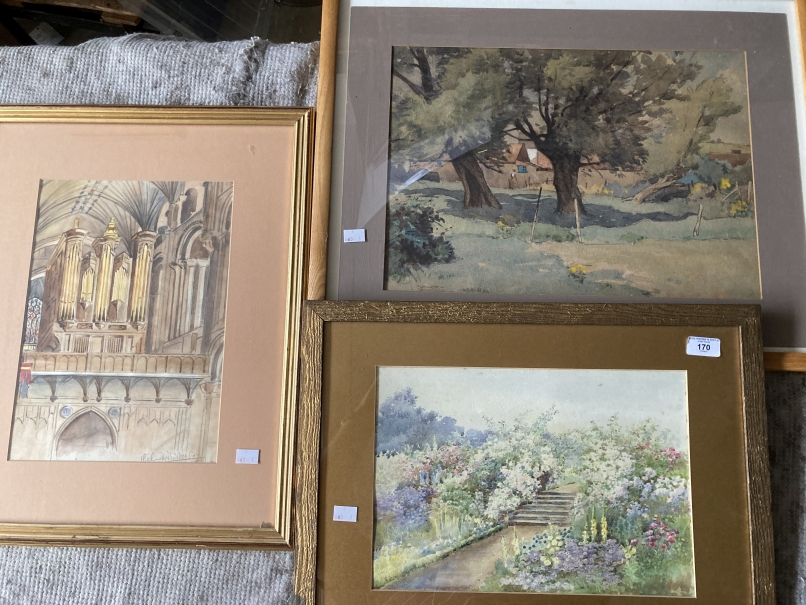 Kenneth Brookes: Watercolour, trees, buildings and a woman, signed lower left, framed and glazed.
