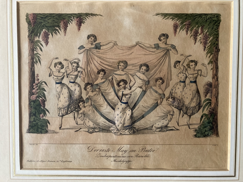 Andreas Geiger: Coloured copper engraving of Madame Romanini on a tightrope, framed and glazed. 8½ - Image 2 of 4