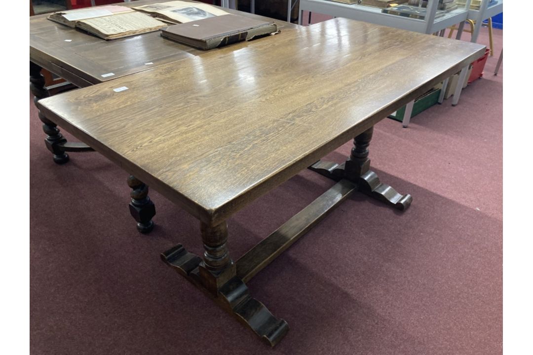 20th cent. Oak refectory table turned supports, central stretcher. 60ins. x 29ins. x 29½ins. - Image 1 of 2