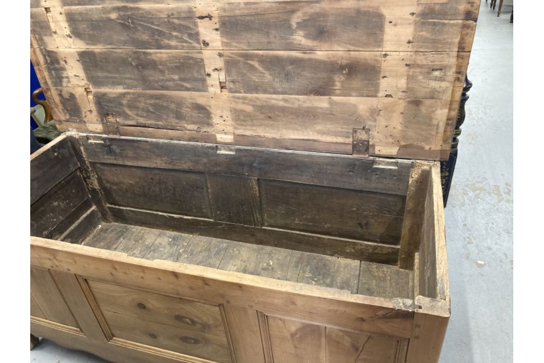 19th cent. Oak and elm oversize French coffer. 66ins. x 29ins. x 27ins. - Image 3 of 4