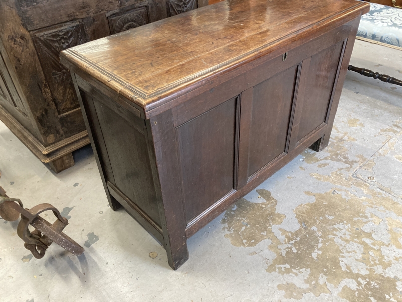 18th cent. Oak three panel coffer with candle box. 42ins. x 27½ins. x 18ins. - Image 2 of 3