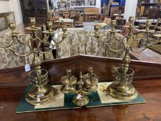 19th cent. Brassware: Candelabra garniture set consisting of two five branch candelabra with two