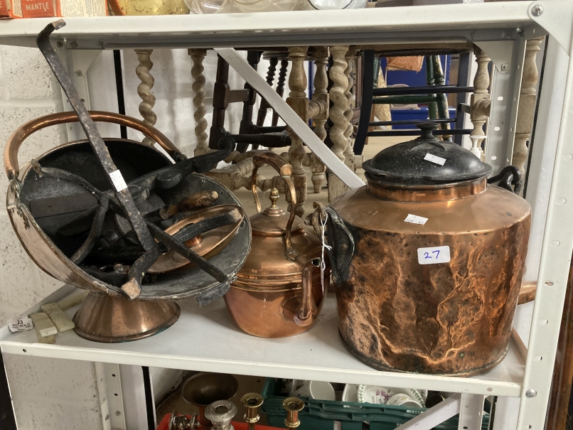 19th cent. Metalware: Copper pot with cast iron lid and handle, scuttle, copper kettle, a pair of - Image 4 of 7