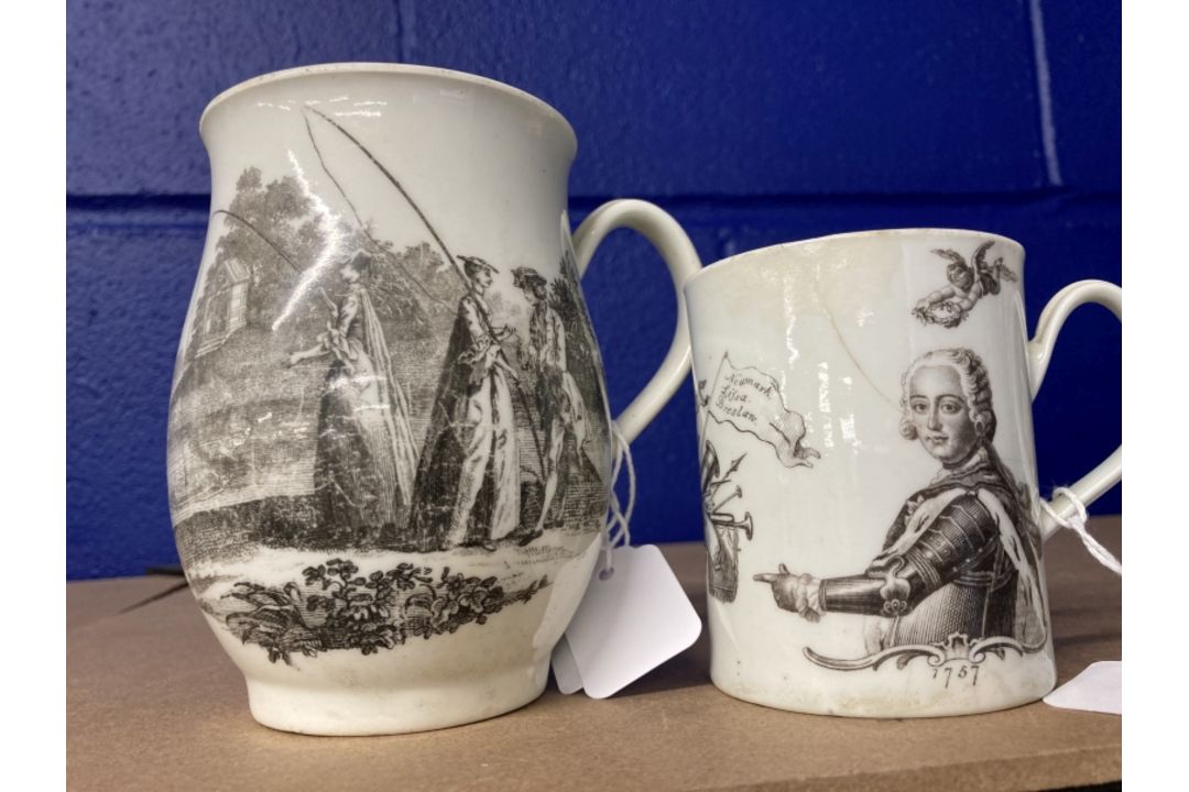 Worcester: Two printed Worcester mugs c1760, one bell shaped and printed with the Whitton Anglers, - Image 1 of 5
