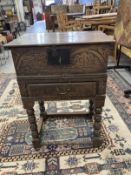 18th cent. Oak bible box on bobbin turned peg jointed stand. 21½ins. x 30ins. x 15ins.