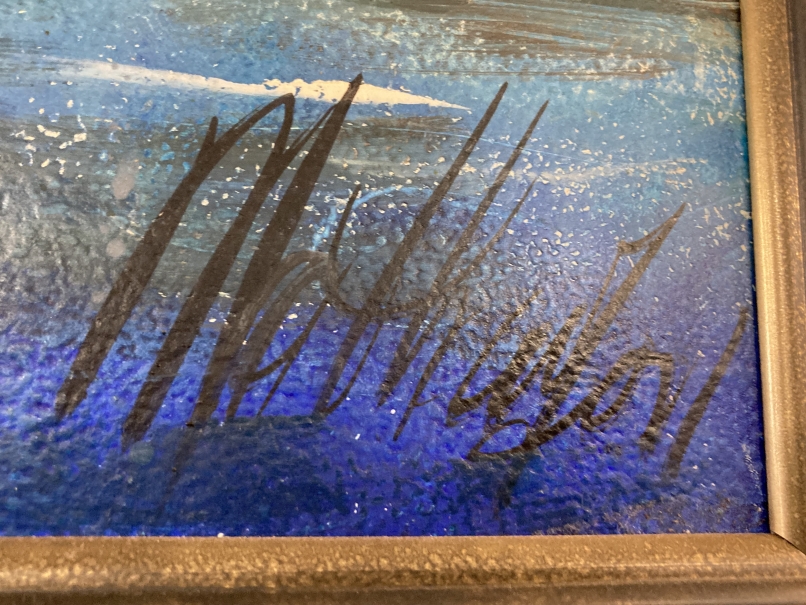 European School: Late 20th cent. Oil on board, city harbour scene at night, indistinct signature - Image 2 of 2