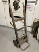 20th cent. Treen and iron frame porter's sack barrows.