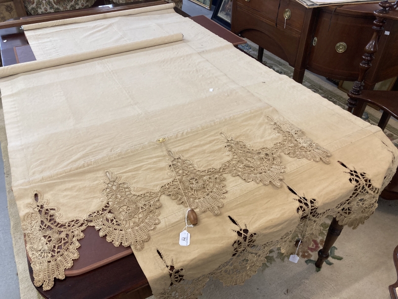 Early 20th cent. Embossed linen blinds with lace borders, a pair. Total drop 88ins. x 40ins.