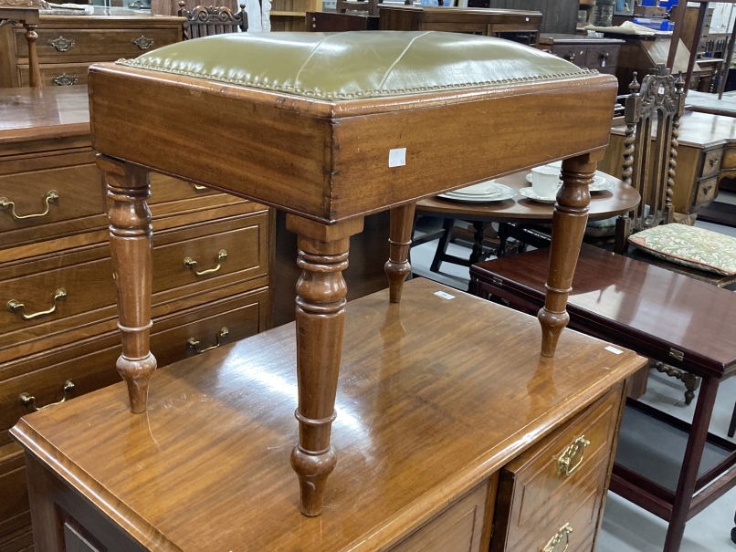 19th cent. Mahogany stool with leather top on turned legs, converted from a bidet. 18ins. x 24ins. x - Image 2 of 2