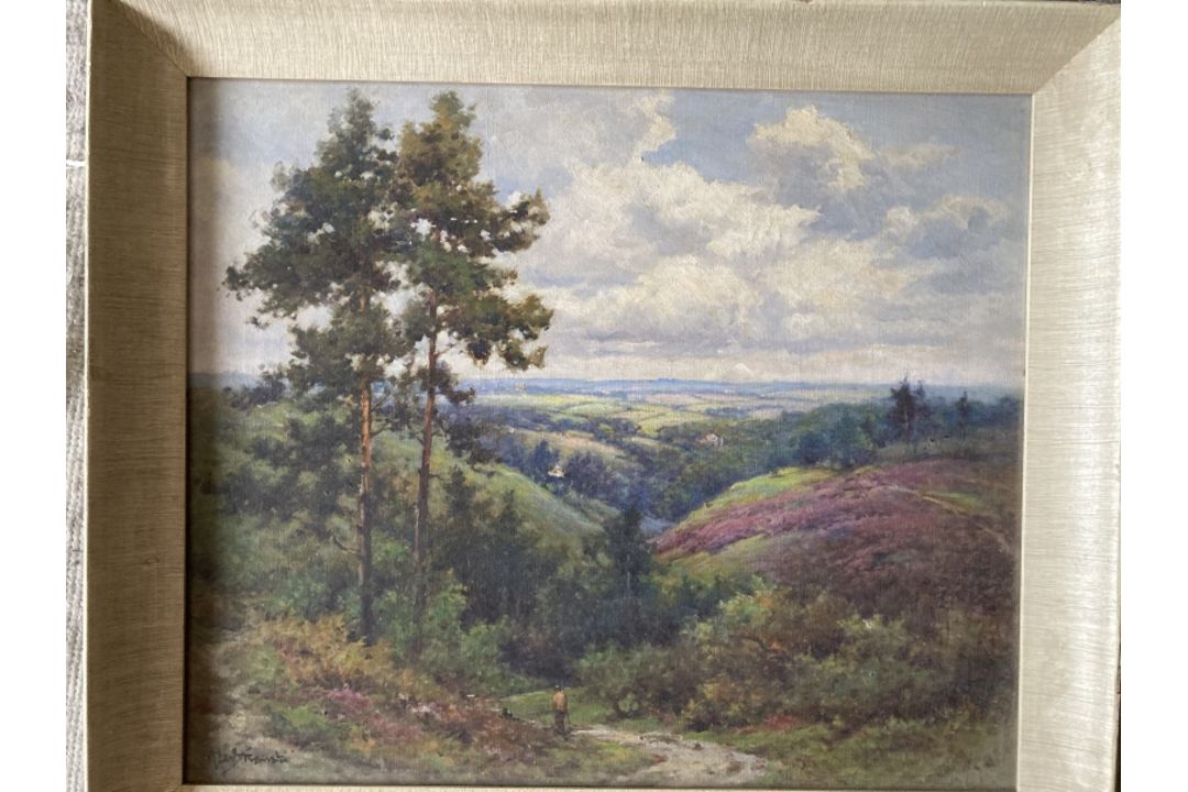 Alfred De Breanski (1877-1957): Oil on canvas landscape study figure walking down a hill with - Image 1 of 4