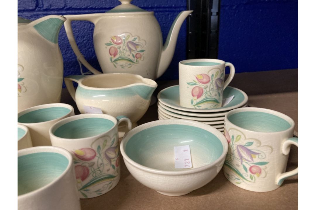 Susie Cooper 1930s coffee set comprising coffee pot, milk jug, teapot, sugar bowl, six cans and - Image 3 of 3