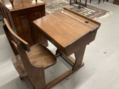 Pre-war oak and elm adjustable flip top child's school desk and bar back chair.