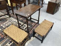 20th cent. Oak side table with double helix twist turned supports plus two rattan footstools.