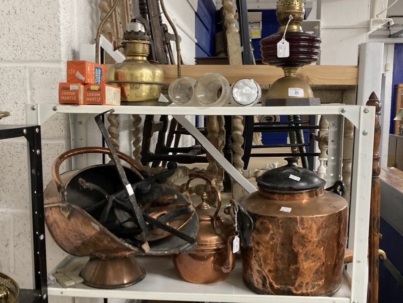 19th cent. Metalware: Copper pot with cast iron lid and handle, scuttle, copper kettle, a pair of - Image 6 of 7