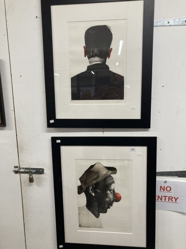 Prints/Art Prints: Two black and white limited edition prints, one the profile of a hobo clown,