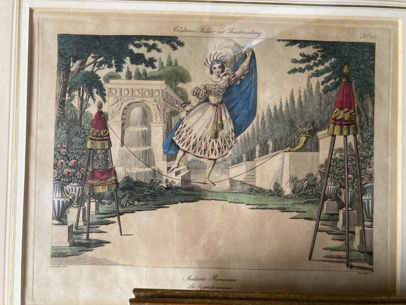 Andreas Geiger: Coloured copper engraving of Madame Romanini on a tightrope, framed and glazed. 8½ - Image 3 of 4