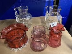 Late 19th/Early 20th cent. Glass: Cranberry glass fluted bowl with glass applied Rigaree base, cream