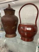 Late 19th/early 20th cent. Chinese lacquer wedding basket, plus a faux wickerwork example with
