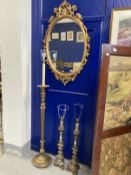 20th cent. Venetian gilt wood with mirror panels lamps, a pair. 24ins. Plus a giltwood standard lamp