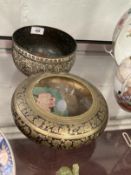 Brass and black lacquer Asian style bowl. Dia. 8ins. Height 3ins. Plus another Asian style bowl in