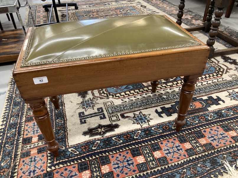 19th cent. Mahogany stool with leather top on turned legs, converted from a bidet. 18ins. x 24ins. x