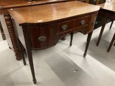 19th cent. Dwarf mahogany chiffoniare, three drawers on tapering stem supports. 40ins. x 20ins. x