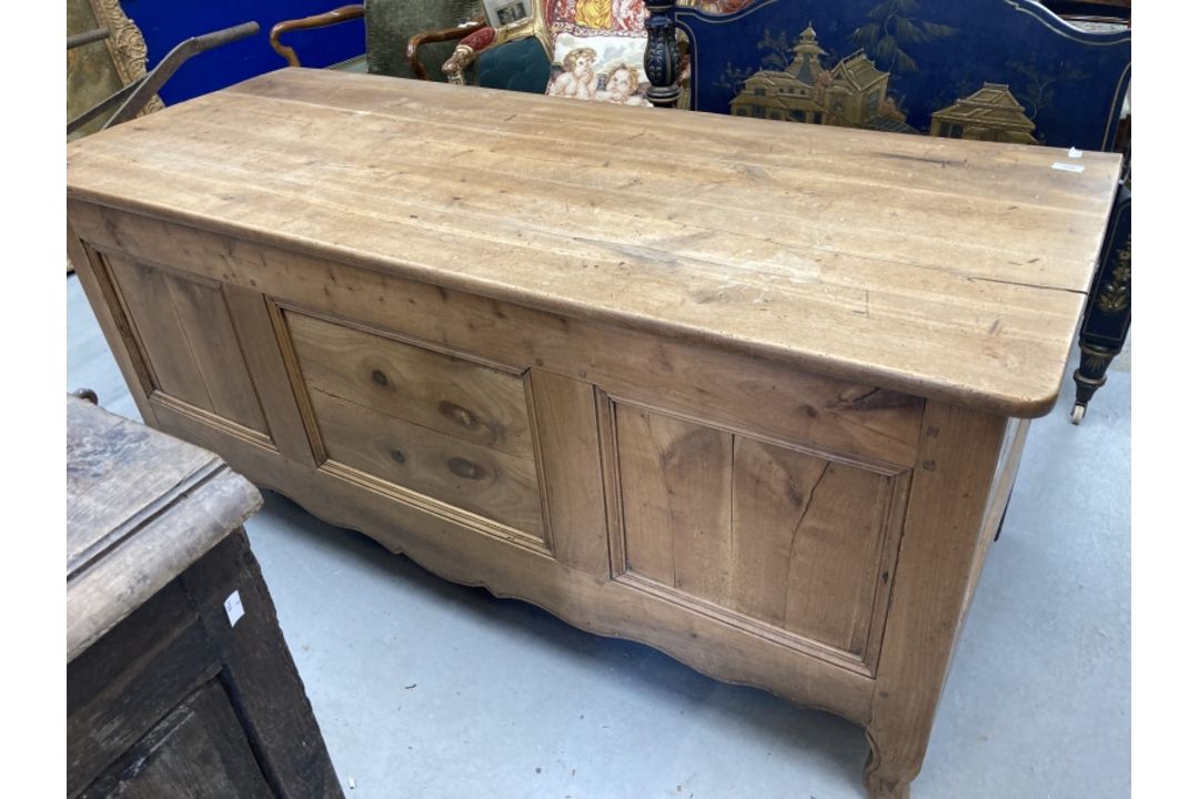 19th cent. Oak and elm oversize French coffer. 66ins. x 29ins. x 27ins. - Image 1 of 4