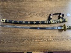 Weapons: Replica Samurai sword 440 stainless steel blade in black and gilt lacquer case.