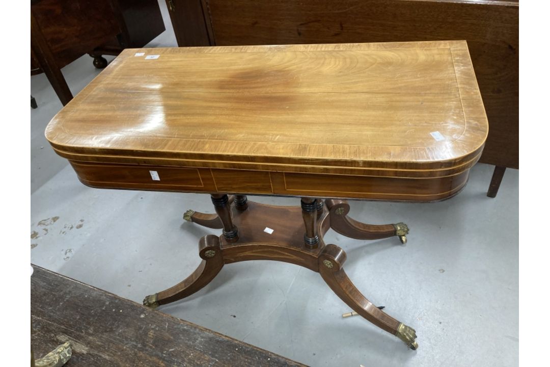 19th cent. Mahogany card table with boxwood inlay on four pillared supports with four splayed feet - Image 1 of 3