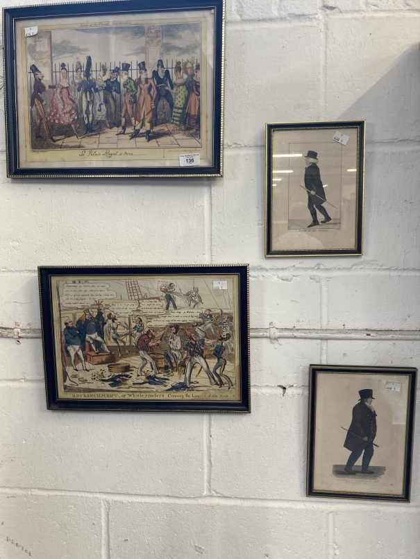 19th cent. Etchings: Retrenchment or Whiskeranders Crossing the Line, A New Route, H. Heat published